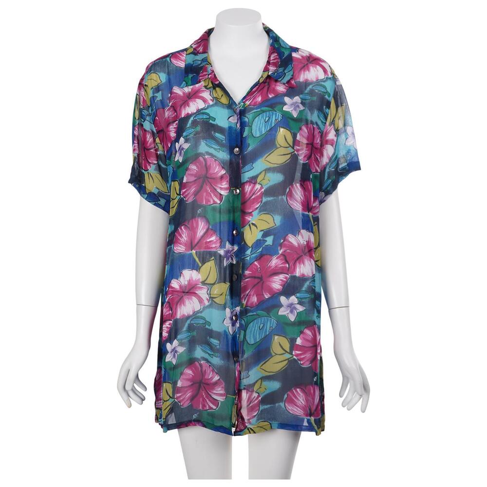 Chico's Top 2/L Tropical Floral Fish Print Sheer Short Sleeve Button Up Casual